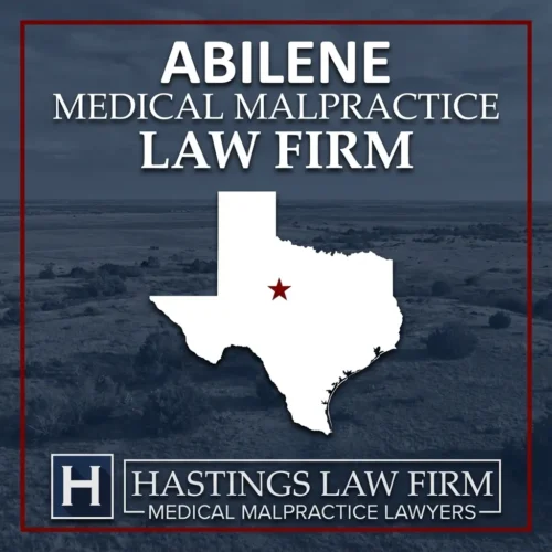 Los mejores abogados especializados en negligencia médica en Abilene Texas Una imagen panorámica de Abilene Texas. Una estrella roja señala el lugar donde los abogados locales especializados en negligencia médica han ayudado a pacientes lesionados. El logotipo de Hastings Law Firm aparece en la parte inferior.