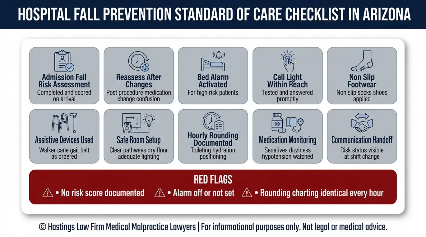 Lista de verificación de los estándares de atención para la prevención de caídas que un abogado especializado en caídas de pacientes en hospitales de Arizona puede utilizar para detectar la falta de evaluaciones de riesgo de caídas, alarmas en las camas, rondas cada hora y calzado antideslizante.