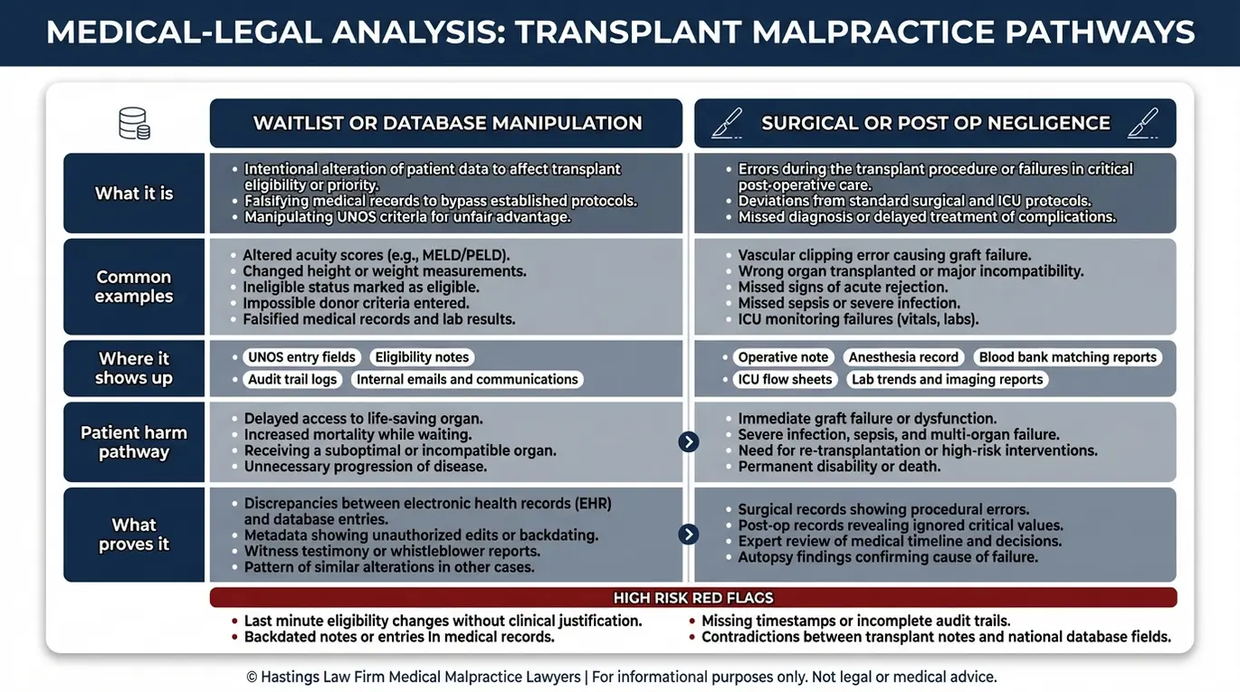 Tabla comparativa en la que un abogado especializado en negligencia médica de cirujanos de trasplantes Texas explica la negligencia en los trasplantes, contrastando la manipulación de la base de datos de listas de espera con la negligencia quirúrgica y posoperatoria, con ejemplos y pruebas.