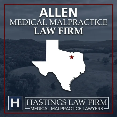 Los mejores Abogados de Negligencia Médica en Allen Texas Una escena del paisaje de Allen Texas. Una estrella roja señala el lugar donde los abogados locales de negligencia médica han ayudado a pacientes lesionados. El logotipo de The Hastings Law Firm aparece en la parte inferior.