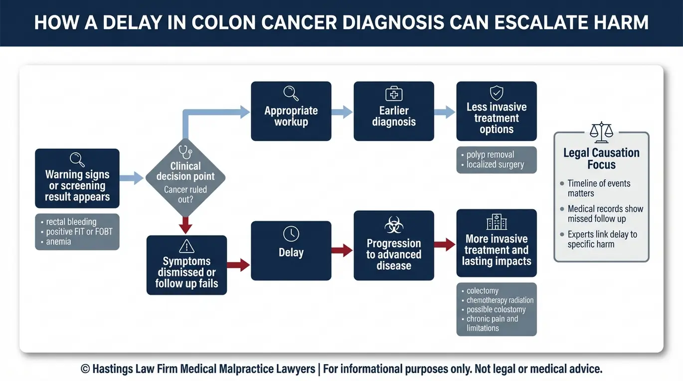 Diagrama de flujo que muestra la cadena causal que va desde los síntomas no detectados hasta el retraso en el diagnóstico y un tratamiento más invasivo, que debe demostrar un abogado especializado en casos de diagnóstico erróneo de cáncer de colon según el modelo Texas.