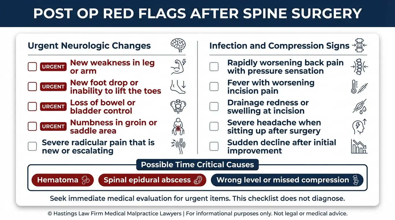 Lista de verificación de advertencias para un abogado especializado en negligencia médica de cirujanos de columna vertebral Texas, que enumera señales de alerta urgentes tras una cirugía de espalda, tales como nueva debilidad, pie caído, pérdida del control intestinal o vesical, fiebre y signos de hematoma o absceso epidural espinal.