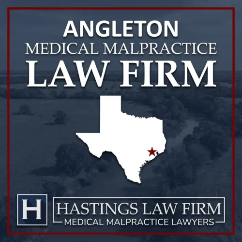 Best Medical Malpractice Attorneys in Angleton Texas A landscape scene of Angleton Texas. A red star pinpoints the location where local Medical Malpractice Lawyers have helped injured patients. The Hastings Law Firm logo appears at the bottom.