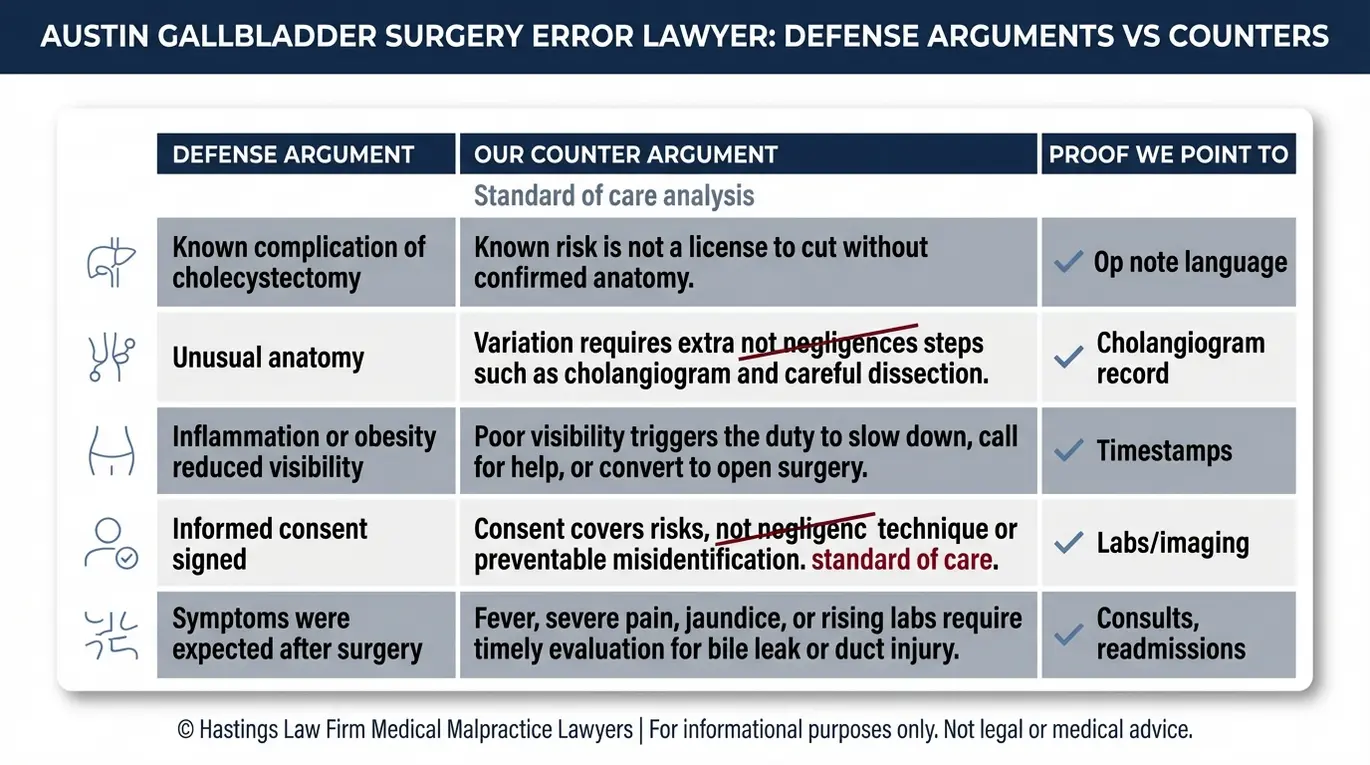Comparison chart for an Austin Gallbladder Surgery Error Lawyer contrasting common defense arguments with counter arguments and the medical record proof used in gallbladder surgery malpractice.