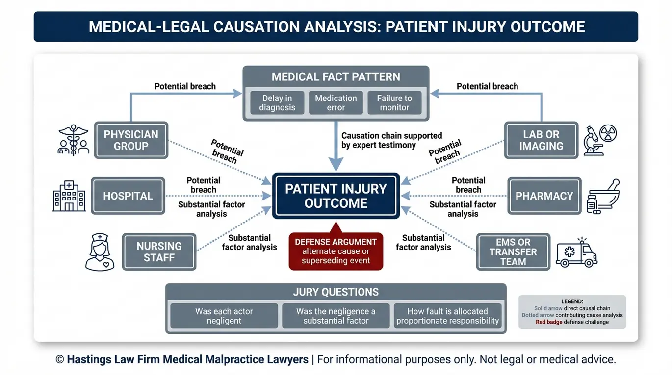 Diagrama de relaciones entre entidades para demostrar la causalidad en un caso de negligencia médica Texas, en el que se muestra cómo los hospitales, los médicos, el personal de enfermería y otras partes pueden constituir, cada uno de ellos, un factor sustancial que conduzca a que el paciente sufra lesiones.