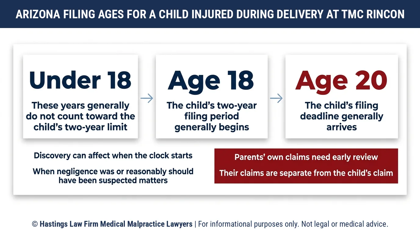 How long does my child have to bring a birth injury claim against TMC Rincon Hospital with a hospital negligence lawyer.