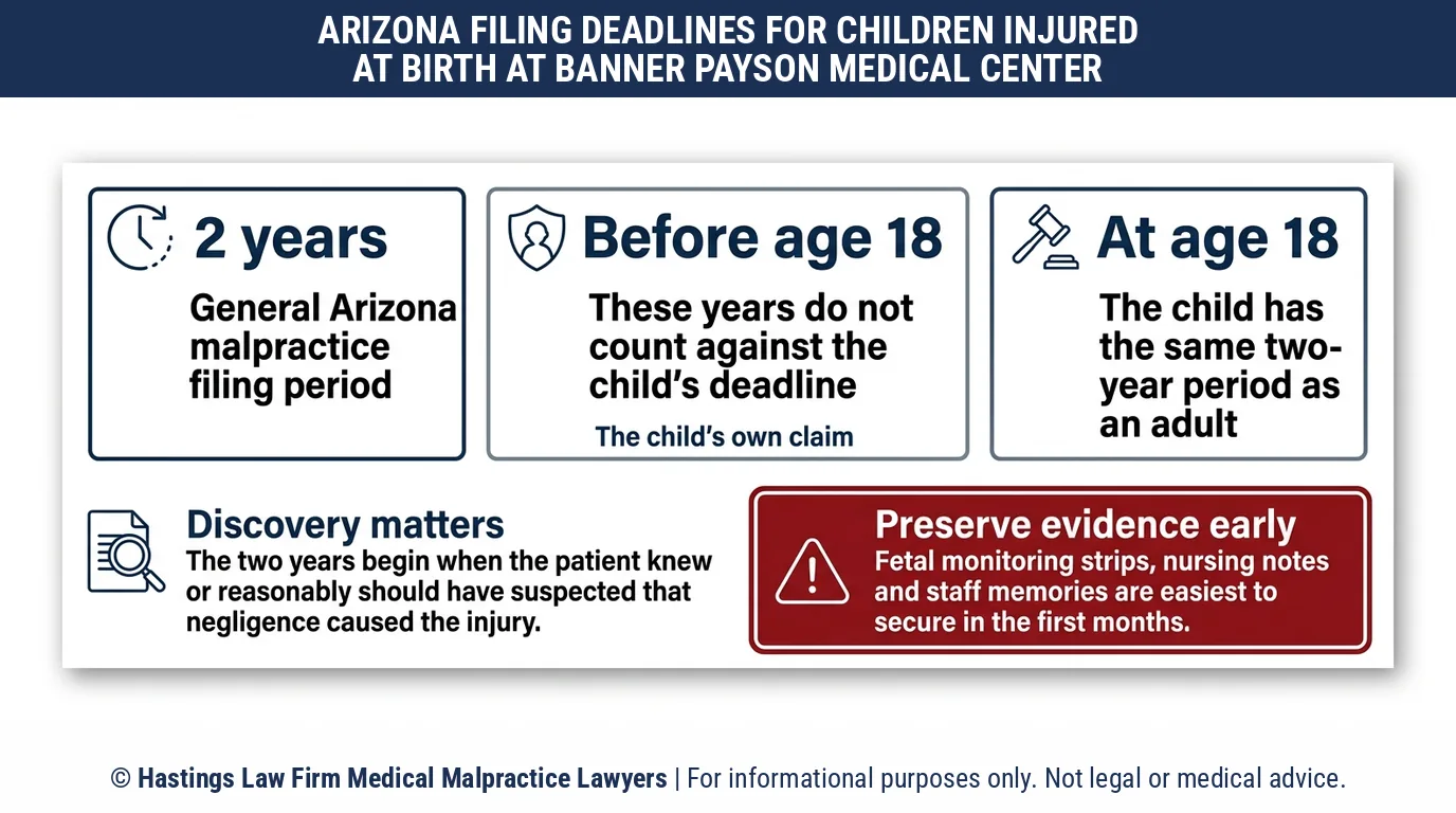 How long do parents have to hire a hospital negligence lawyer after a birth injury at Banner Payson Medical Center.