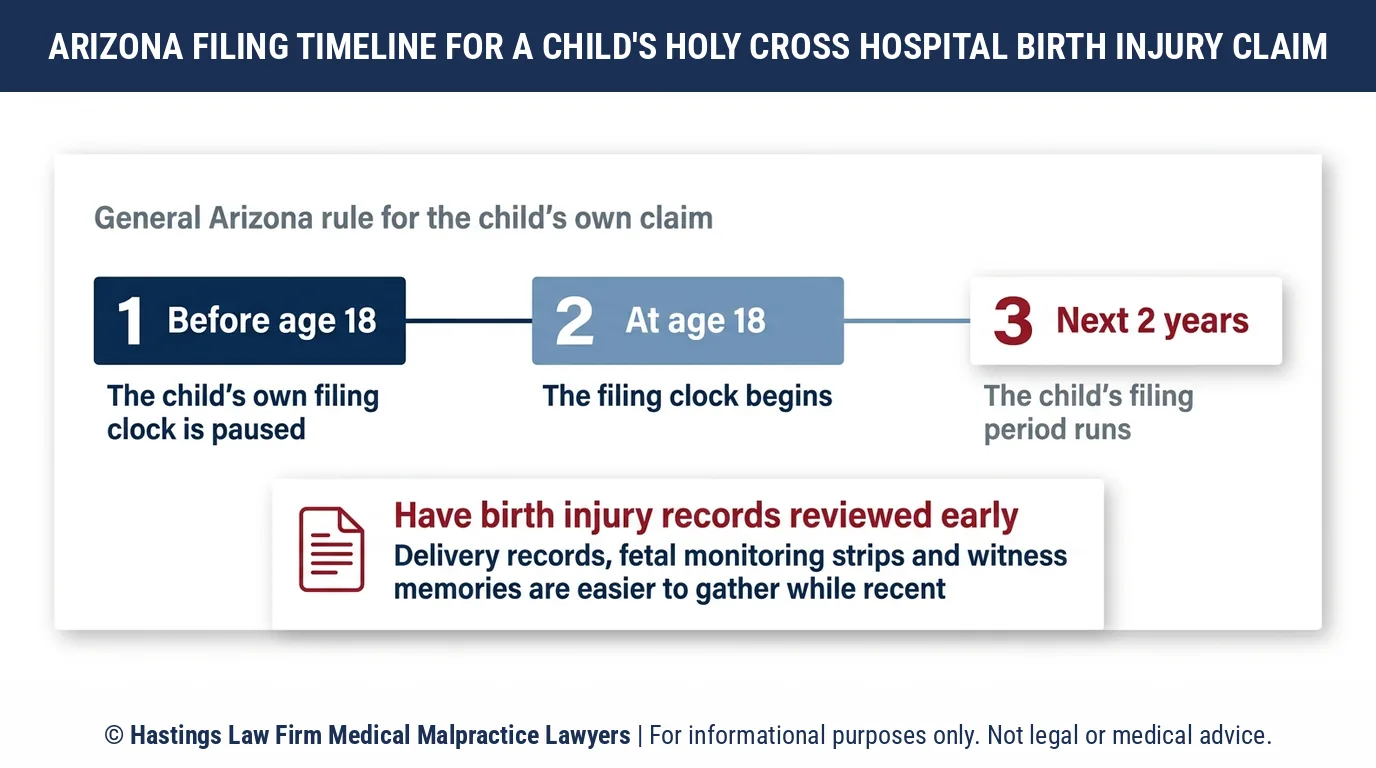How many years does a child injured at birth at Holy Cross Hospital have to sue with a hospital negligence lawyer.