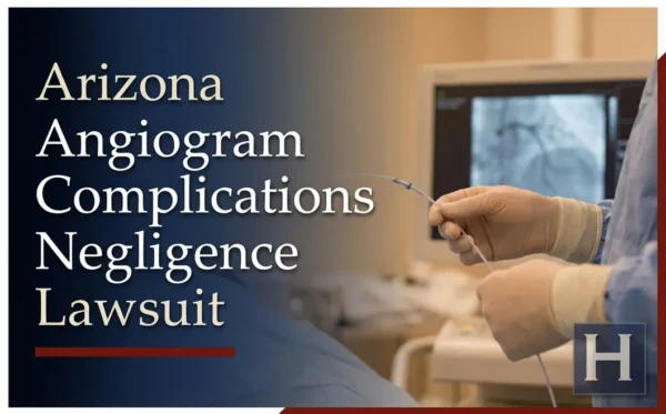 A medical professional in scrubs and gloves holds a catheter with an angiogram on a monitor, underscoring an Arizona Angiogram Complications Negligence lawyer representing clients.