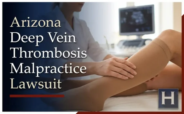 Un profesional médico examina la pierna de un paciente que lleva una media de compresión, lo que ilustra el ámbito de actuación de un abogado especializado en negligencia médica por trombosis venosa profunda en Arizona.