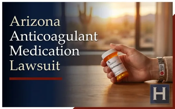 A hand holds a bottle of Anticoagulant medication and wears a medical alert bracelet, illustrating the concerns an Arizona Anticoagulant Medication lawyer addresses.