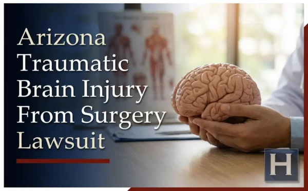 Un profesional médico sostiene un modelo de cerebro en un escritorio con documentos, lo que ilustra el trabajo vital de un abogado de Arizona Traumatic Brain Injury From Surgery abogando por los clientes.