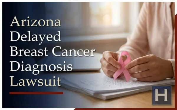 Las manos de una persona sostienen con delicadeza un lazo rosa de concienciación sobre unos documentos legales, lo que refleja los delicados asuntos que aborda un abogado especializado en casos de diagnóstico tardío de cáncer de mama en Arizona.