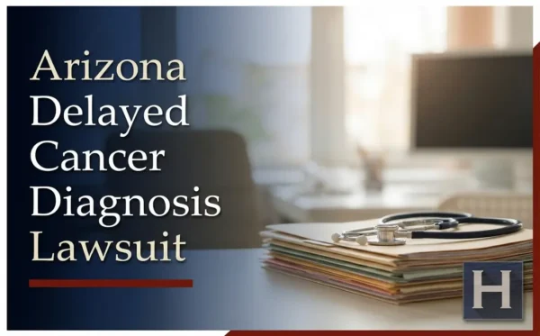 An office setting featuring medical files, a stethoscope, and prominent text regarding Arizona Delayed Cancer Diagnosis lawsuits, reflects the dedicated efforts of an Arizona Delayed Cancer Diagnosis lawyer.