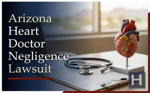 Un modelo de corazón humano, un estetoscopio y unos documentos descansan sobre el escritorio de una luminosa oficina de Arizona, lo que ilustra las preocupaciones sobre la negligencia médica de un cardiólogo para un abogado especializado en negligencia médica de Arizona.