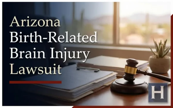 Una imagen de un despacho de abogados con documentos, un mazo y el texto destacado 'Demanda por lesiones cerebrales relacionadas con el parto en Arizona' refleja la dedicación de un abogado especializado en lesiones cerebrales relacionadas con el parto en Arizona.