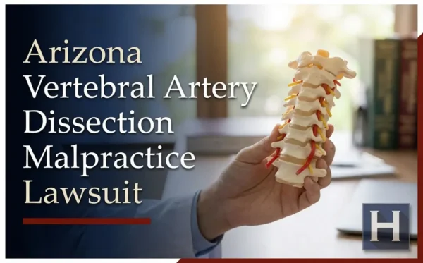 A hand holds a detailed anatomical spine model, highlighting Arizona Vertebral Artery Dissection Malpractice, as an experienced lawyer might review.