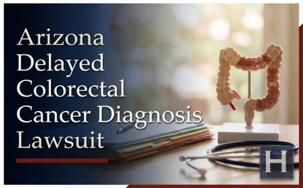 Una composición de escritorio profesional con un maniquí, expedientes y un estetoscopio, que ilustra cómo un abogado especializado en casos de diagnóstico tardío de cáncer colorrectal en Arizona defiende los intereses de sus clientes.