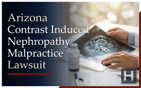 A medical professional reviews a CT scan and a contrast dye bottle, illustrating the complexities an Arizona Contrast Induced Nephropathy Malpractice lawyer addresses.
