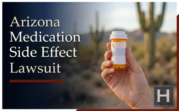 Una mano sostiene un frasco de medicamentos con cactus saguaro al fondo, lo que pone de relieve los posibles problemas relacionados con los efectos secundarios de los medicamentos, para los cuales un abogado especializado en medicamentos peligrosos de Arizona ofrece asistencia legal.