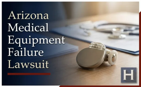 Un implante médico descansa sobre un escritorio de madera, con un estetoscopio y documentos al fondo, lo que ilustra los casos complejos que maneja un abogado especializado en fallos de equipos médicos en Arizona.