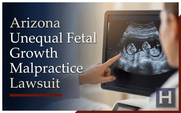 Un profesional médico señala una ecografía en la que se ven gemelos con un crecimiento muy desigual, lo que ilustra el interés que un abogado especializado en negligencia médica por crecimiento fetal desigual en Arizona presta a este tipo de casos de negligencia médica.