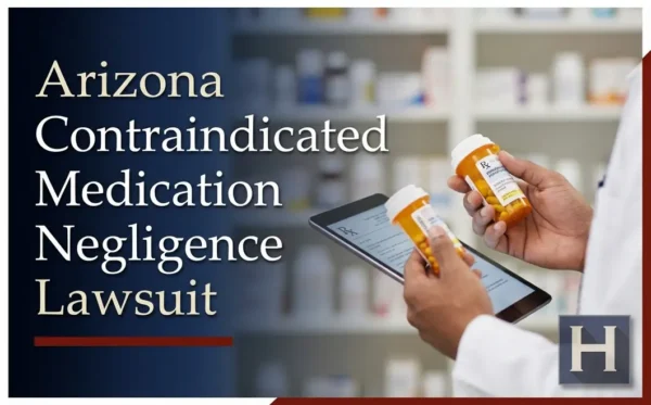 Un profesional médico con bata de laboratorio revisa información en una tableta digital mientras sostiene dos frascos de medicamentos recetados, lo que refleja cómo un abogado especializado en negligencia por prescripción de medicamentos contraindicados en Arizona ayuda a abordar las inquietudes de los pacientes.