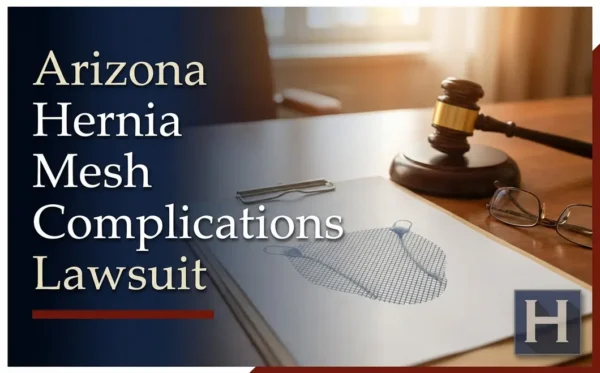 A legal desk holds a gavel, glasses, and a clipboard displaying a hernia mesh diagram, underscoring the work of an Arizona Hernia Mesh Complications lawyer.