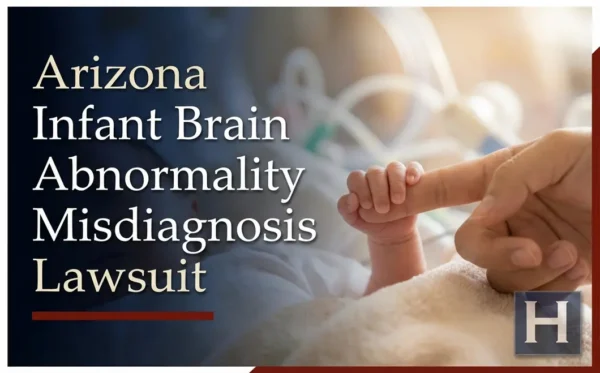 An adult's finger comforts an infant's tiny hand in a hospital, reflecting concerns an Arizona Infant Brain Abnormality Misdiagnosis lawyer addresses.