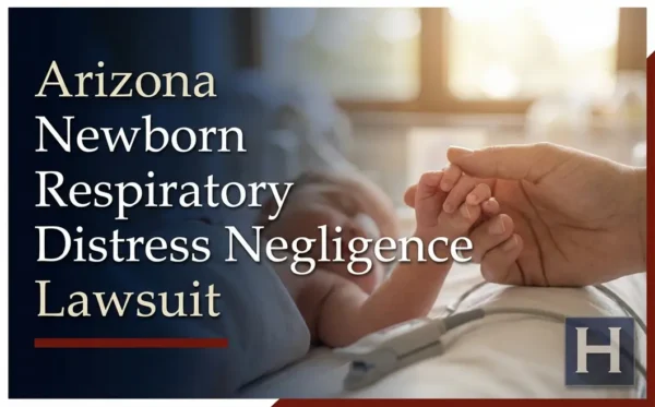 A parent's hand gently holds a newborn's hand, with a medical device on the baby's foot, illustrating potential Newborn Respiratory Distress Negligence concerns, for which an Arizona lawyer may provide guidance.