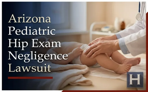 Un médico examina las caderas de un bebé en una camilla médica, lo que pone de relieve las posibles preocupaciones de las familias de Arizona que buscan un abogado especializado en negligencia en exámenes pediátricos de cadera.