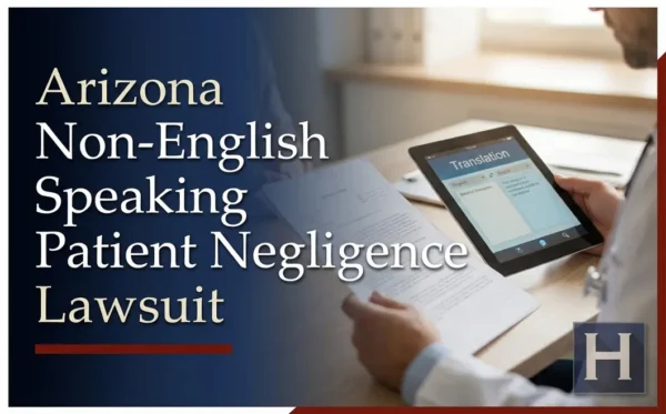 Una persona con bata blanca revisa documentos médicos y una aplicación de traducción en una tableta, lo que pone de relieve posibles problemas de negligencia médica hacia pacientes que no hablan inglés en Arizona que un abogado podría abordar.