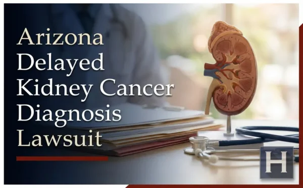 En el escritorio de un consultorio médico se ven un modelo de riñón, un estetoscopio y unos expedientes, lo que ilustra el trabajo de un abogado especializado en casos de diagnóstico tardío de cáncer de riñón en Arizona.