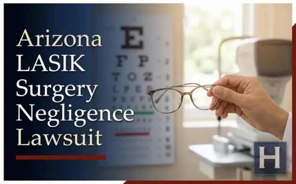 Una mano sostiene unos anteojos en una sala de examen oftalmológico donde hay una tabla de Snellen, lo que ilustra las preocupaciones sobre una posible negligencia en una cirugía LASIK en Arizona que aborda un abogado con experiencia.