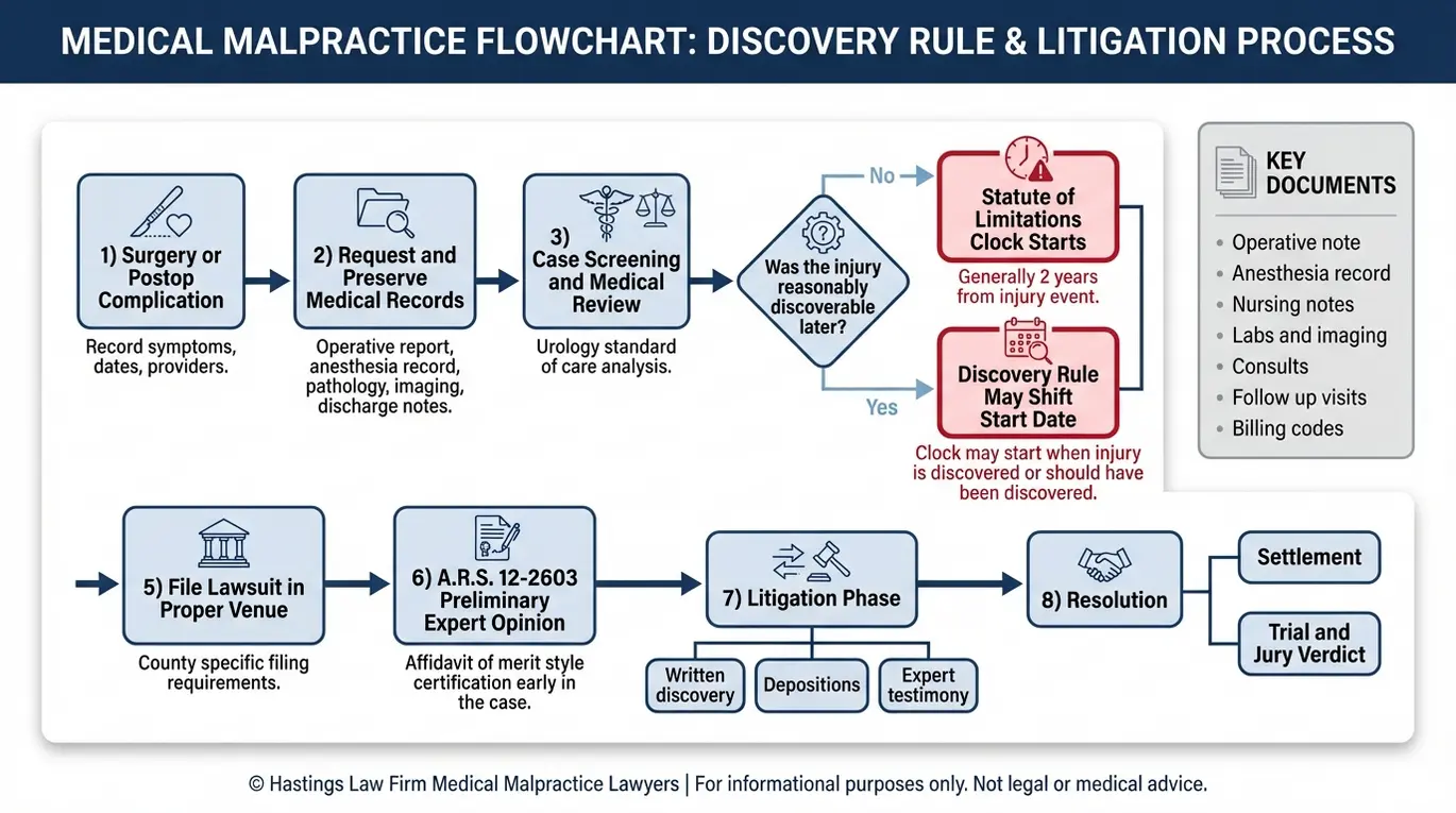 Diagrama de flujo para un abogado especializado en errores quirúrgicos de próstata en Arizona, en el que se describen los pasos a seguir en casos de negligencia médica en Arizona, incluyendo los expedientes médicos, el punto de decisión sobre la regla de descubrimiento, los plazos de prescripción y la presentación de un dictamen pericial preliminar conforme al A.R.S. 12-2603.