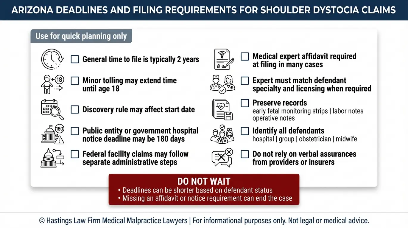 Lista de verificación con información sobre los plazos de prescripción y los requisitos de declaración jurada de Arizona, relevante para un abogado especializado en distocia de hombros de Phoenix que se ocupe de un caso de negligencia médica por distocia de hombros.
