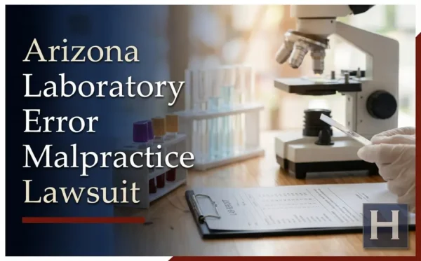 A gloved hand holds a test strip in a laboratory with a microscope, test tubes, and a 'LAB REPORT' document, underscoring an Arizona Laboratory Error Malpractice lawyer advocating for clients.