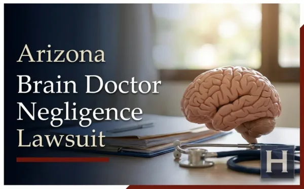 A detailed human brain model rests next to a stethoscope and medical files on a desk, underscoring Brain Doctor Negligence concerns for an Arizona medical malpractice lawyer.