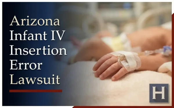 Se muestra la mano de un bebé con una vía intravenosa insertada, lo que ilustra las posibles preocupaciones de las familias que buscan un abogado especializado en errores de inserción de vías intravenosas en bebés en Arizona.