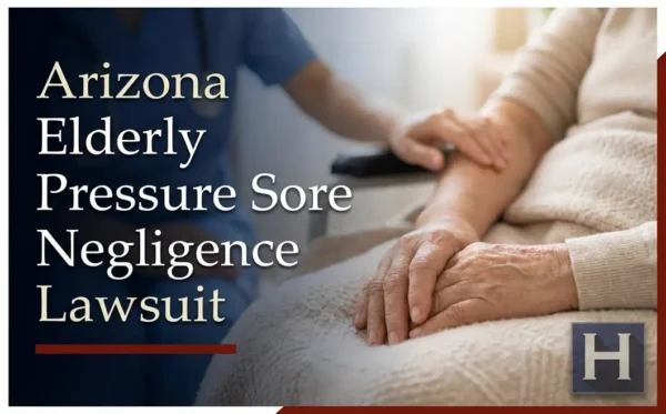 A caregiver's hand gently rests on an elderly person's arm, illustrating questions regarding potential Elderly Pressure Sore Negligence an Arizona lawyer can review.