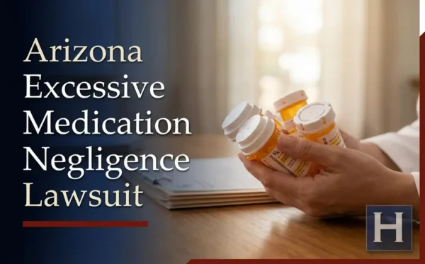 Las manos de una persona sostienen varios frascos de medicamentos recetados junto con unos documentos sobre un escritorio de madera, lo que ilustra las posibles preocupaciones relacionadas con la negligencia por uso excesivo de medicamentos en Arizona, en presencia de un abogado.