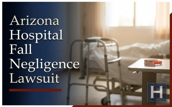 En una habitación de hospital se ven un andador, una cama y una pulsera con la leyenda "RIESGO DE CAÍDA" sobre la mesita de noche, lo que refleja la labor de un abogado especializado en casos de negligencia por caídas en hospitales de Arizona.