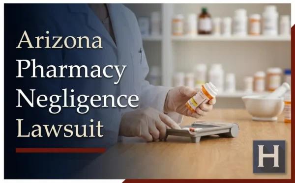 Un farmacéutico con bata blanca revisa un frasco de medicamentos recetados y dispensa pastillas, lo que ilustra cómo un abogado especializado en negligencia farmacéutica de Arizona aborda las inquietudes relacionadas con posibles errores.