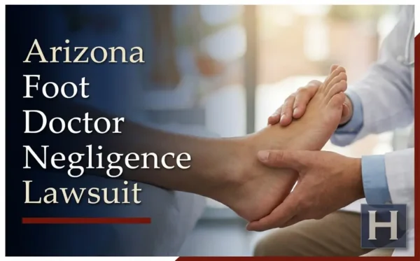 Un médico con bata blanca sostiene y examina el pie descalzo de un paciente, lo que pone de manifiesto la necesidad de contar con un abogado especializado en negligencia médica podológica en Arizona.