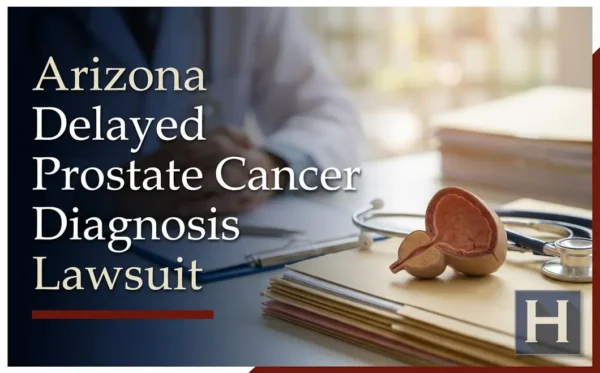 Un profesional de la salud está sentado frente a un escritorio con un modelo de próstata, un estetoscopio y unos documentos, lo que pone de relieve la labor de un abogado especializado en casos de diagnóstico tardío de cáncer de próstata en Arizona.