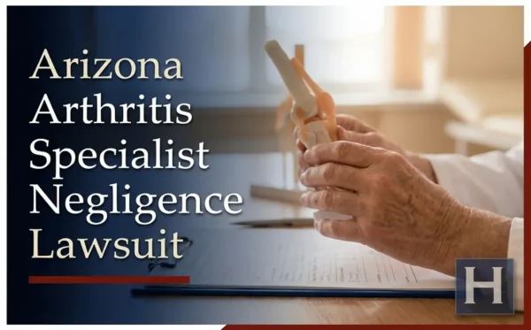 Un profesional médico con bata blanca examina un modelo de la articulación de la rodilla y toma notas, señalando posibles motivos de preocupación para un abogado especializado en negligencia médica en casos de artritis de Arizona.