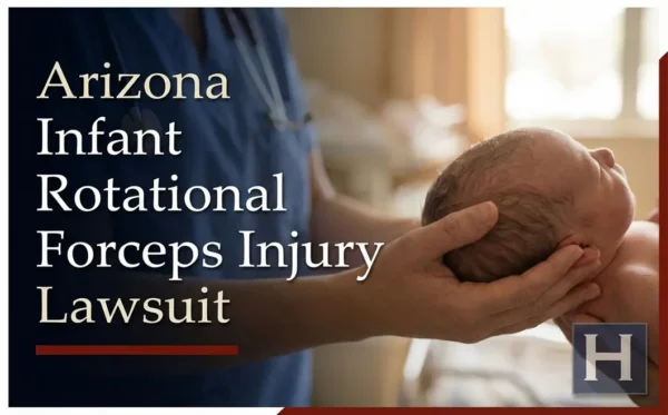 A medical professional in blue scrubs gently holds a newborn baby, reflecting the delicate situations an Infant Rotational Forceps Injury lawyer in Arizona addresses.