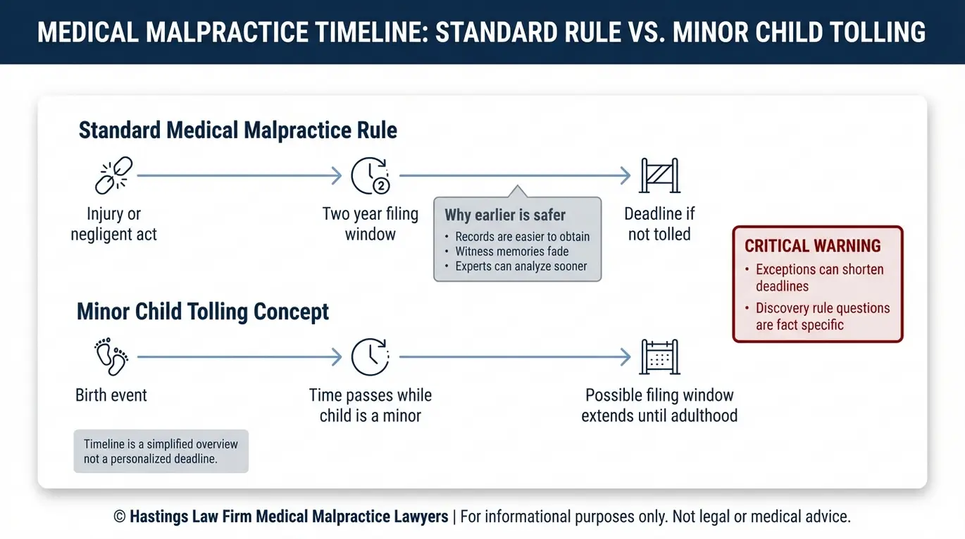 Arizona statute of limitations timeline infographic for birth injury claims explained by an Arizona Developmental Delay Birth Injury Lawyer including the two year rule tolling for minors and discovery rule cautions.