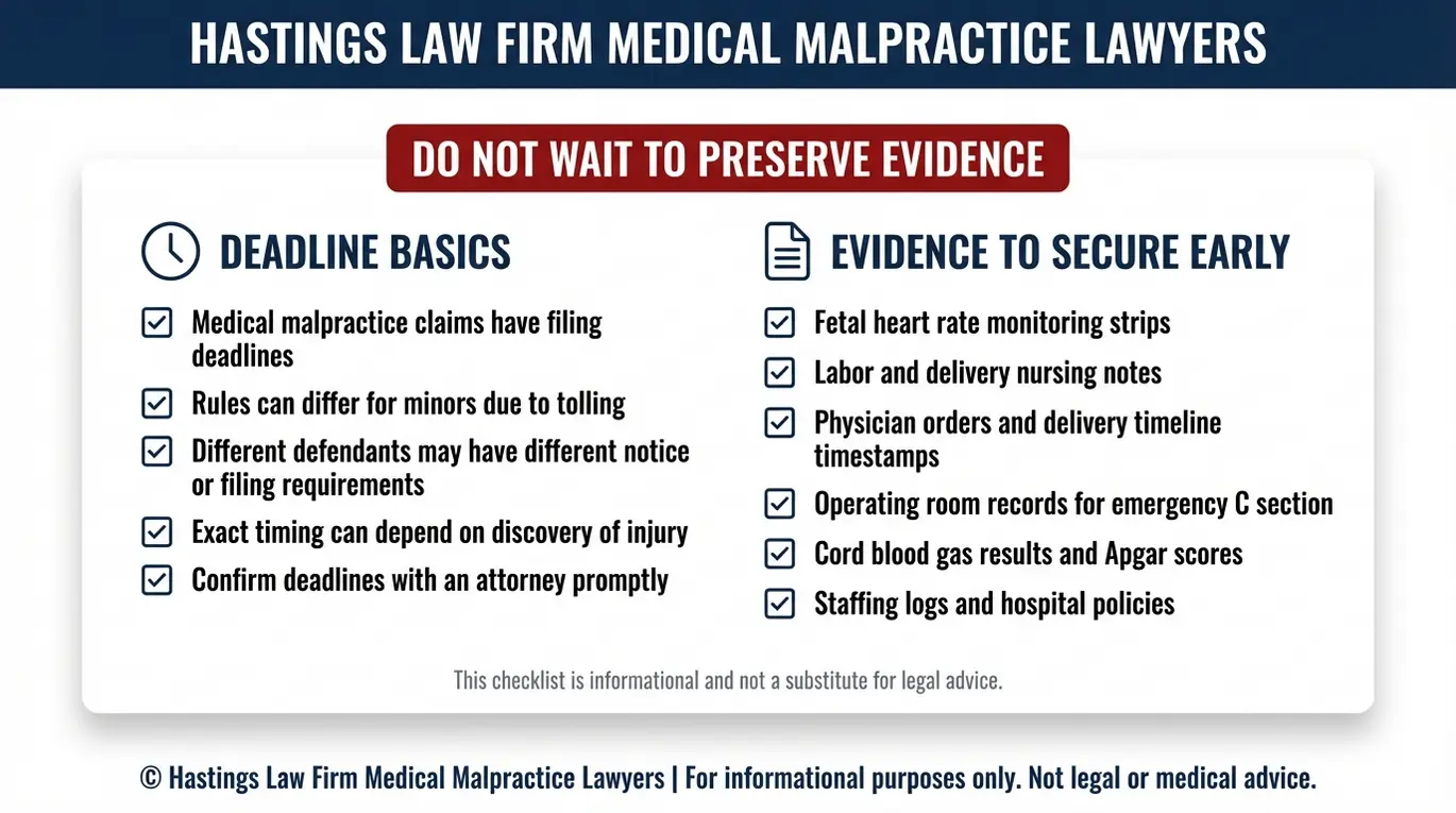 Warning checklist summarizing Arizona birth injury statute of limitations issues and early evidence to preserve for an Arizona Umbilical Cord Prolapse Negligence Lawyer claim.