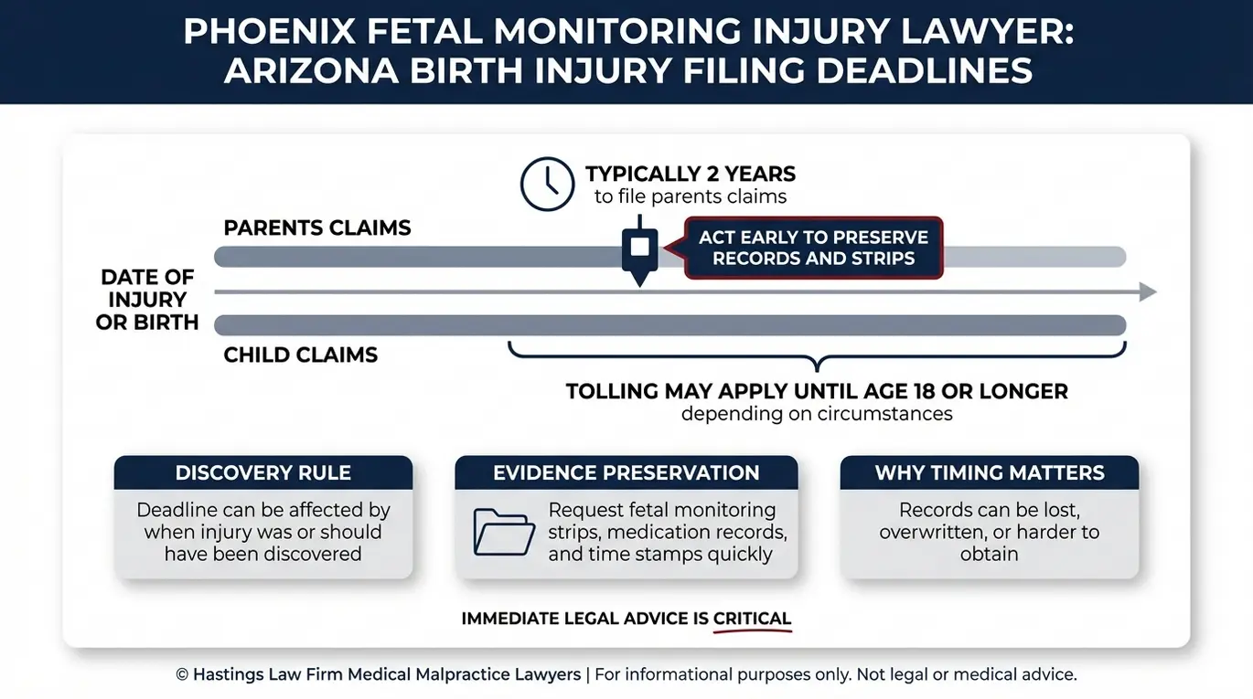Resumen del plazo de prescripción de Arizona para reclamaciones de padres e hijos, elaborado para una consulta con un abogado especializado en lesiones por monitorización fetal en Phoenix.